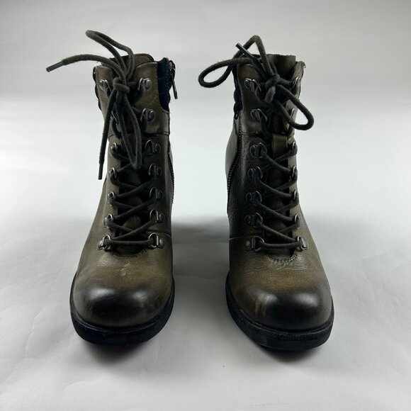 Kork Ease Distressed Olive Leather Lace Up Chunky Heel Ankle Boot 6M - Picture 5 of 8